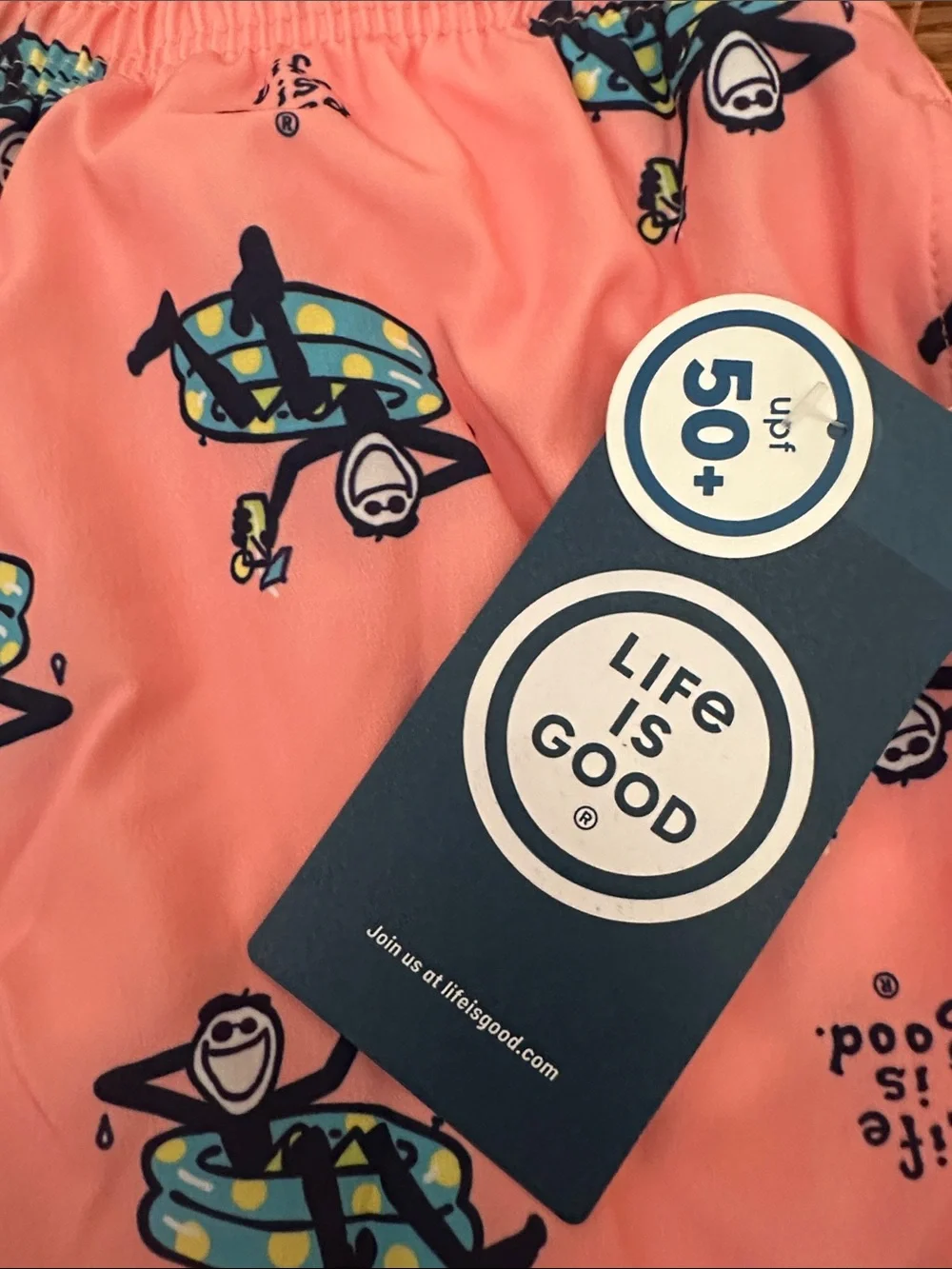 Life Is Good Pink Swim Trunks with Blue Print